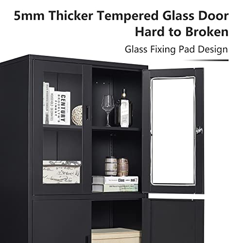 Lissimo Metal Storage Cabinet With Glass Doors, Lockable Office Cabinet, 71" Tall Steel Cabinet With Adjustable Shelves For Home Office,School And Hospital (Black) #TOP7