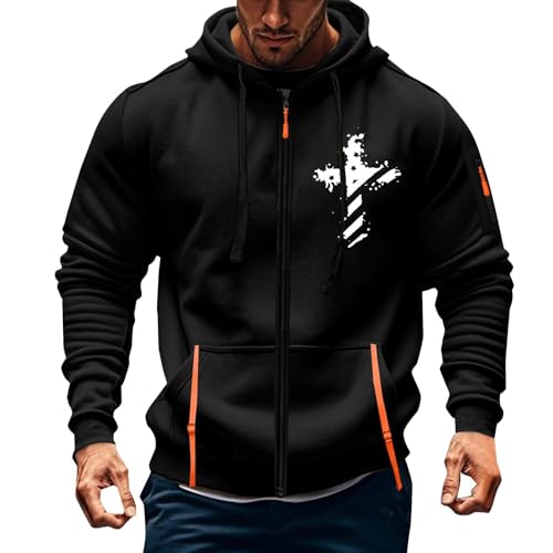 Zip Hoodies For Men Uk Full Zip Military Jacket Hoodies Fashion Print Long Sleeve Tracksuit Tops Oversized Outdoor Workout Gym Sportwear Autumn Winter Sweatshirt (Black, XXXXL)