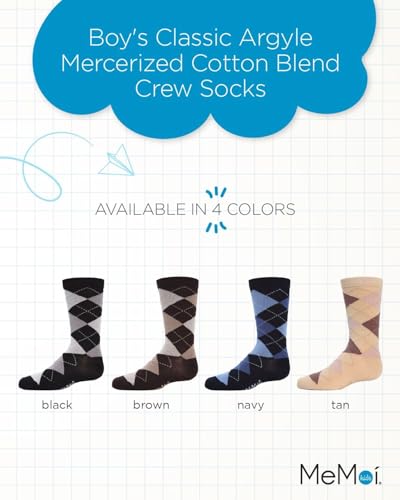 MeMoi Classic Argyle Mercerized Boys Crew Socks, Cotton Blend Boys Dress Socks, Comfortable Crew Height Design - Sizes 2-122
