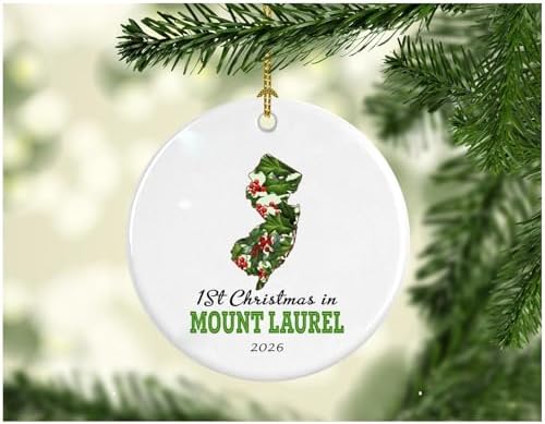 Christmas Ornament Intended for Mount Laurel NJ City State Name 1st Christmas in Mount Laurel New Jersey Keepsake Ornament Xmas Tree Decoration Gift New Homeowners Family 3" White image 2