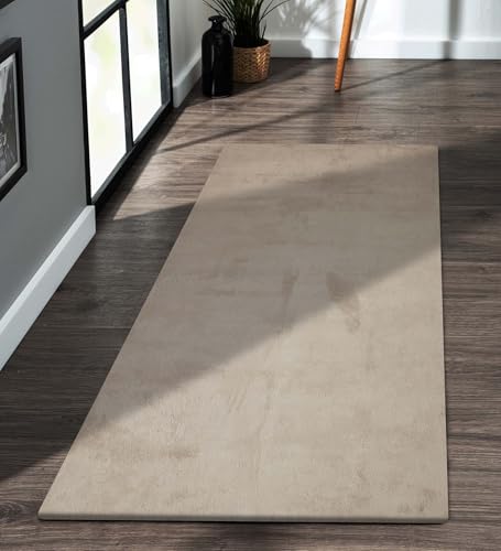 Image of Obsessions Polyester Bedside Runner with Solid Pattern Felt Backing, Ideal for Bedroom & Living Room 60x150cm, Taupe