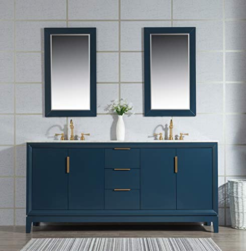 Water Creation | 72\" Double Sink Vanity in Monarch Blue | Transitional Freestanding Hardwood Bathroom Vanity with Sinks and Cabinet, Carrara Marble Counter Top, and Gold Handles | Elizabeth Collection