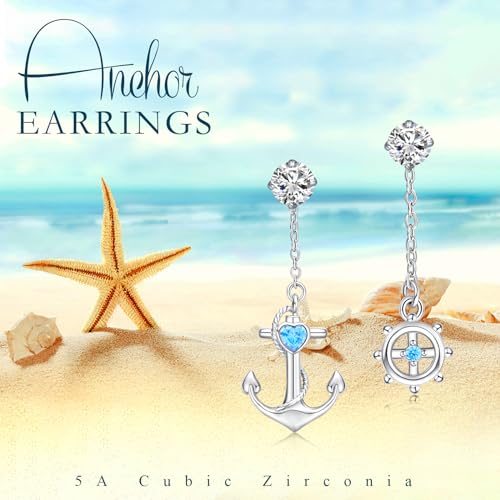 925 Sterling Silver Anchor Stud Earrings - Steering Wheel Thread Earring for Women Ocean Sea Minimalist Hypoallergenic Nautical Theme Jewelry with Box (Anchor)4