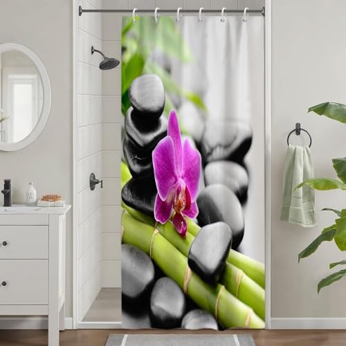 Uiiooazy Rideau Douche Anti Moisissure, Rideau de Douche Étroit 90x180cm Bambou Vert Spa Zen Orchidée Fleuri Petit Rideaux de Baignoire Tissu Lavable Imperméable...