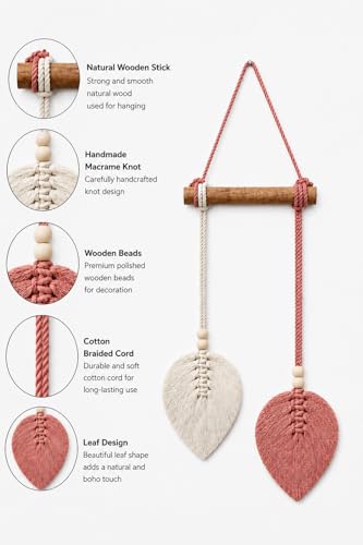 Image of AdFashionble Boho Macrame Wall Hanging Leaf Decor for Home, Living Room & Bedroom | Cotton Thread Art with Wooden Rod | Minimalist Handmade Wall Decoration | Aesthetic Nordic Wall Art for Home, Office & Gift Purpose Lenght- 58 cm Width- 15 cm (DUSTYPINK & OFFWHITE)