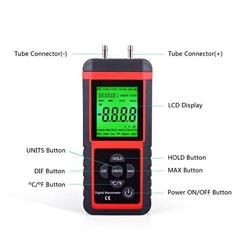 Ehdis Digital Manometer Luftdruck-Messgerät mit 32-Bit MCU 24-BitADC mit hoher Genauigkeit 12 Einheiten Speichern oder Halten