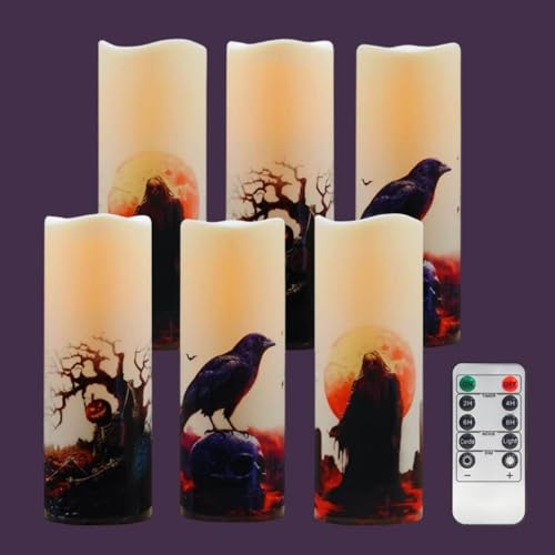 Halloween LED Flameless Candles, Gothic Design, Set of 6, 6x3 / 2.15 inch, Remote Control with Timer, Battery Operated (6, D 2.15 ')