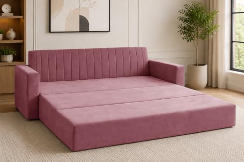 Image of 3-Seater Velvet Sofa Cum Bed with Armrests | Modern Convertible Sleeper Couch | Stylish Sofa Bed for Living Room, Bedroom & Office | Rose Pink