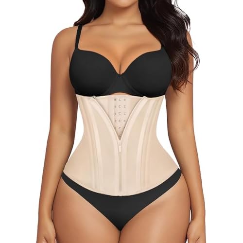 SHAPERX Waist Trainer for Women Corset Shapewear Tummy Control Sport Workout Waist Cincher Body Shaper Zipper and Hooks Beige Large