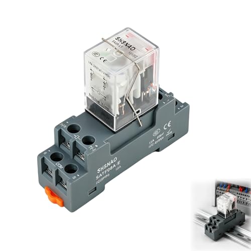 Relé de Potencia Electromagnética 12V DC DPDT 2NO 2NC con Bobina,Indicador Luminoso,8 Pines, 10A,Montaje en Riel DIN 35mm,Incluye Enchufe y Gancho-YJTF08A-E