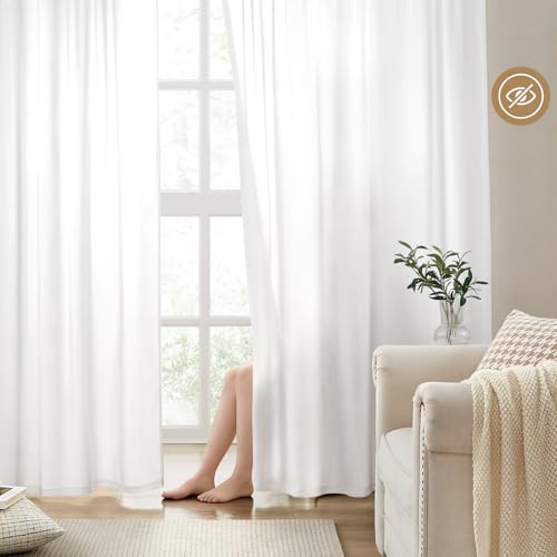 HOMEIDEAS Non-See-Through White Privacy Semi Sheer Curtains 84 Inches Long 2 Panels Set Light Filtering Curtains for Living Room Bedroom Drapes W52xL84