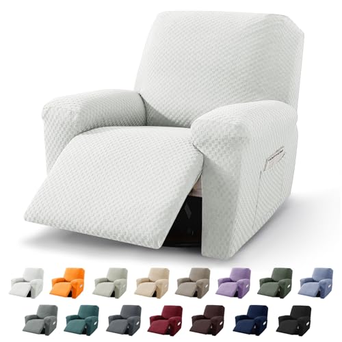 Image of YEMYHOM 4 Pieces Stretch Recliner Slipcover Jacquard Recliner Chair Cover with Side Pocket Anti-Slip Fitted Recliner Cover Couch Furniture Protector with Elastic Bottom (Recliner, White)