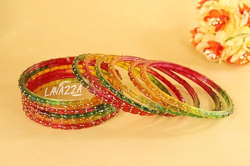 Image of LAVAZZA Raindrop Glass Bangles Set For Women & Girls with Zircon Diamond Stone & Beads | Trendy Transparent Crystal Glass Bangles | Fancy Kanch ki Chudi Set | Bangles for Wedding, Party- Set of 12