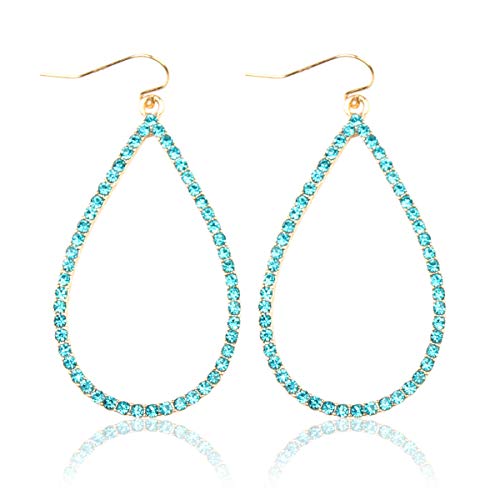 RIAH FASHION Sparkly Rhinestone Lightweight Geometric Hoop Drop Earrings - Teardrop, Pear, Oval, Marquise, Circle, Multi Cubic Crystal, Acrylic Pearl Dangles (Teardrop - Gold Aqua)