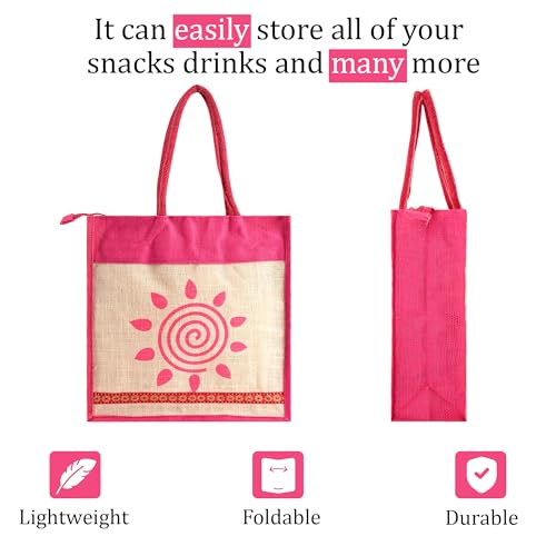 Image of Kuber Industries 3 Pcs Jute Medium Shopping Bag for Women with Handle | Reusable Carry /Shopping Bag for Grocery | Sunflower Print - Cream & Pink