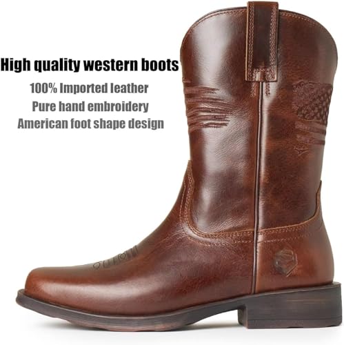 SUREWAY Men's 10 inch Western Cowboy Work Boots for Men Square Toe,Premium Full Grain Leather,Goodyear Welted,Superior Oil/Slip/Water Resistant,Soft Toe Brown-1003,Size 122