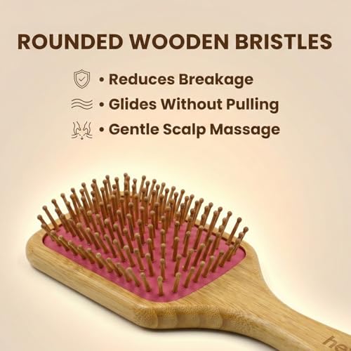 Image of Heff Bamboo Hair Brush, Dark Pink, Wooden Bristles Paddle Brush, 9.5 Inches x 3.3 Inches