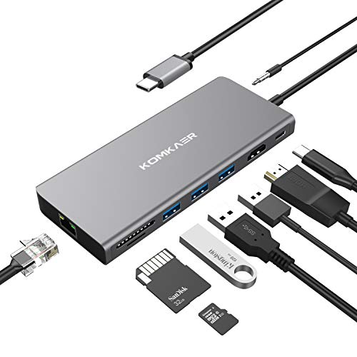 komkaer USB C Hub, USB C Adapter 9-in-1 with USB C Power Delivery, 4K HDMI, 3 USB-A 3.0, RJ45 Gigabit Ethernet, SD TF Card Reader, Audio Jack for MacBook Pro ChromeBook Other Type C Devices