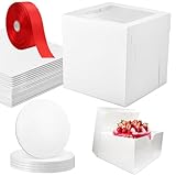 Paquete de 5 cajas para tartas de 10 pulgadas con tablas blancas para tartas y cinta roja, cajas de papel para panadería de 10 x 10 x 10 pulgadas con ventana para pasteles, pasteles, galletas, fresas
