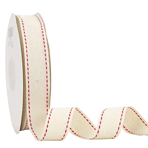 MEEDEE 7/8 inch Cotton Ribbon with Red Stitched Double Red Trim Cotton Ribbon for DIY Crafts, Gift Wrapping, DIY Crafts Projects, Party Wedding Natural Themed Events Decorating (25 Yards)