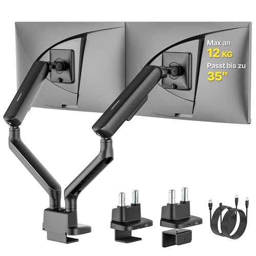 monTEK Monitor Halterung 2 Monitore für 17-35 Zoll Bildschirme bis zu 12kg, Monitor Arm mit 360° Drehbar, Monitorhalterung mit Neigungen, Schwenken, Dreht, VESA 75/100, Schwarzß