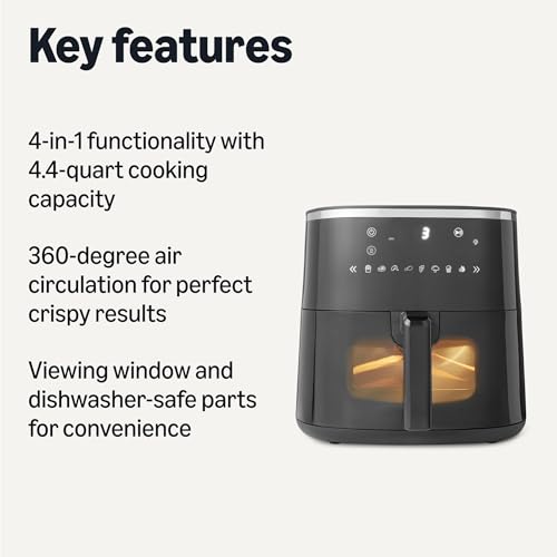 Image of Amazon Basics 4.4-Quart Digital Air Fryer with Easy View Window, 8 Preset Menus, Digital Touch Controls, 140℉-400℉ Temperature Range, 1400W, Black