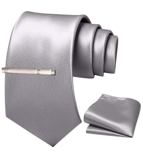 Rbocott Silver Tie Silk Necktie And Pocket Square With Tie Clip Sets For Men 8Cm(5) #TOP3