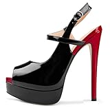 MERUMOTE Women's Slingback Shoes Peep Toe Platforms 6 inch Heels Bride Party Pumps Black Red US9