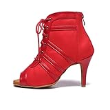 HROYL Women Peep Toe Dance Boots with Lace-up Latin Salsa Ballrooom Performence Practice Dance Shoes Rubber Sole,L541-Red-6.5,US 9