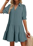 Dokotoo Casual Dresses for Women Lapel Collared V Neck Short Sleeved Pleated 2026 Summer Dress Womens Dresses a Line Black Mini Dress Vacation Outfits for Women Ladies Boho Dress Mineral Blue