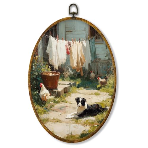 Hiuwevt Rustic Farmhouse Laundry Day Oval Wall Art Decor, Retro Country Dog Chicken Framed Canvas Prints, Farmhouse Oval Wall Hanging Decor for Home Laundry Room Bathroom Decorations, 8.6x11.4 Inches