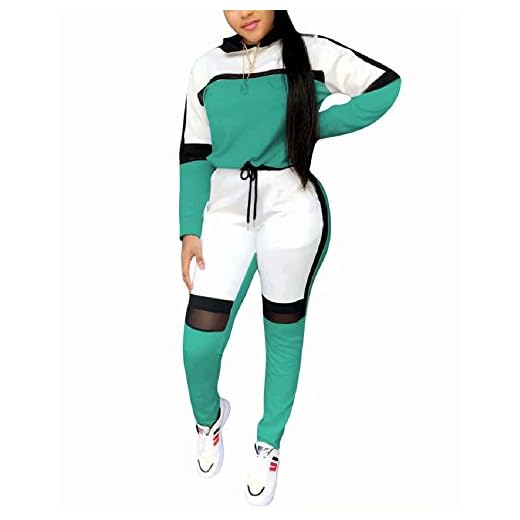 Women Casual Sweatsuit Two Piece Outfits Patchwork Net Color Block Pocket Hooded Top Pant Set Jogger Tracksuit Green XXL