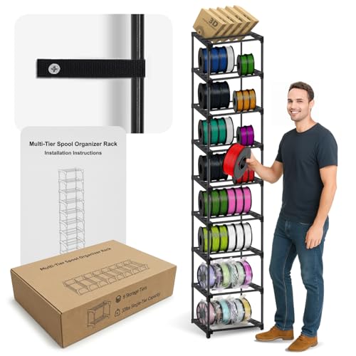 Upgraded 9-Tier 3D Printer Filament Spool Storage Rack Thicker 3D Printing Filament Holder with Anti-Tip Kit/Large Storage Space 3D Organizer Can Store Up to 54 Rolls Gifts for 3d Printer Lovers