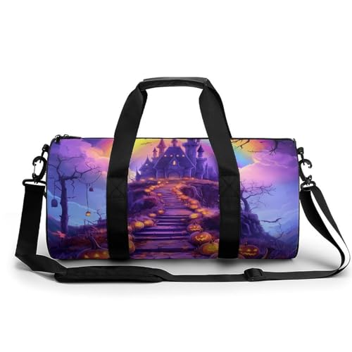 Halloween Pumpkins Haunted House Rainbows Sports Gym Bag Travel Duffel Workout Bag with Adjustable Strap