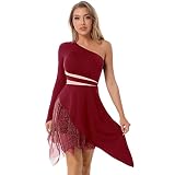ranrann Femme Robe Danse Latine Asymétrique Robe Danse Rumba Samba Salsa Valse Jazz Tango Mousseline de Soie Performance Costume Spectacle Dancewear XS-XL Type C Bordeaux XL