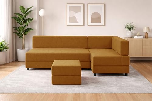 Image of Leg Sofa Cum Bed with Ottoman | Jute Fabric | Multipurpose Folding 3 Seater Sofa Bed 5x6 Ft for Living Room | Space Saving Furniture | Modern Design - Golden