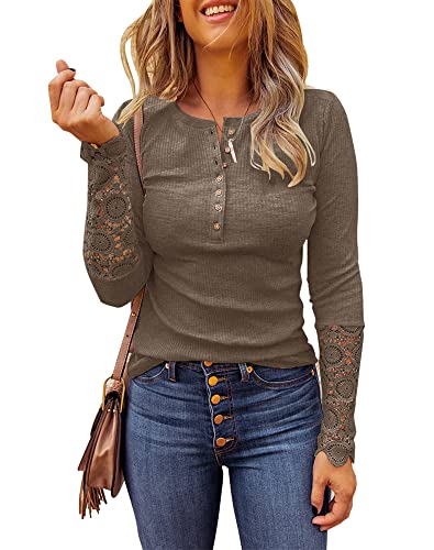 Limerose Women's Long Sleeve Lace Trim Tunic Tops Button Down Casual Blouse Cute Crew Neck Ribbed Shirt Dark Khaki