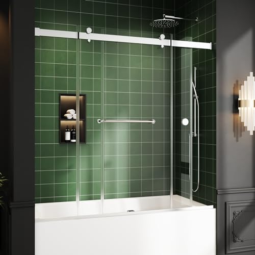 Image of Bathtub Sliding Door, 55 inch-60 inch W x 56 inch H Tub Shower Door, Bathtub Glass Door, Bathtub Double Sliding Tempered Glass Explosion-Proof Film Stainless Steel Brushed Silver