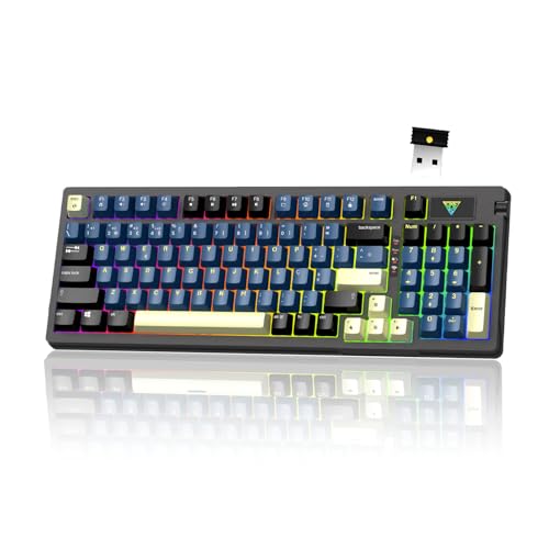 Hivento Teclado Mecânico, 2.4GHz/USB-C/BT5.0, Retroiluminação RGB,Teclado Sem Fio Hot-Swappable com Botões, Bateria 4000mAh, Teclas PBT, Interruptores Vermelhos