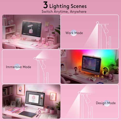 Image of Quntis 20 inch Pink RGB Monitor Light Bar, 15 Gaming Backlight Modes, Eye-Care No Glare, Adjustable Frontlight Brightness & Color Temperature Remote Control, Modern Aesthetic USB Reading Monitor Lamp