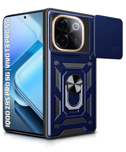 Image of WOW IMAGINE Tough Armor Bumper Mobile Back Case for iQOO Z9s Pro 5G | Vivo T3 Pro 5G | Sliding Camera Shield Cover | Shock Proof 360 Protection | Hybrid PC + TPU | Ring Holder with Kickstand - Blue
