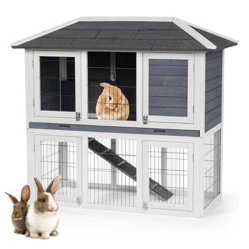 YSOAE Two Floors Large Rabbits Hutch 100x50x90CM Outdoor Bunny Cage Guinea Pigs Cage with Stairs and Cleaning Tray Wooden Small Animal Waterproof House for Outdoor