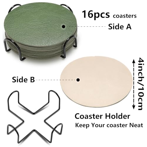HELI MIAO 16 Stück Untersetzer Gläser, Doppelseitige Glasuntersetzer aus Kunstleder – Rund, rutschfest & hitzebeständig – Inkl. Aufbewahrungsständer (10cm, Grün+hellgrau) – Für Tisch, Bar, Outdoor