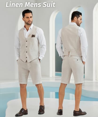 Men's Linen 2 Piece Suit Slim Fit Wedding Groom Groomsmen Summer Vest Shorts Set2