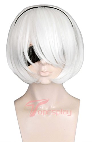 Topcosplay Women s Short Wig White Halloween Costume Cosplay Wig with Long Bangs