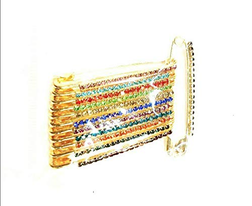 Golden & Multi Colour Diamond Designer Safety PIN Saree PIN ONE Side of Safety PIN Hijab Sari PIN Women Brooch 1.75 inches - 12 Pack - Comes with Velvet Pouch