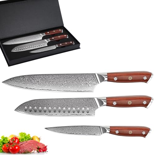 Purple Dragon Damascus Chef Knife Set, 3Pcs Kitchen Knives Set, VG10 Steel Japanese Chef Knife 8 Inch Santoku Knife 7 Inch Paring Knife 5 Inch, Razor-Sharp Knives with Gift Box