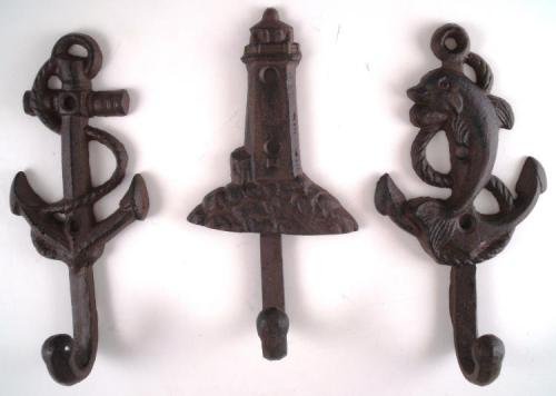 Lighthouse Dolphin Anchor Starfish Seahorse Shell Cast Iron Nautical Hooks Set - Image 5