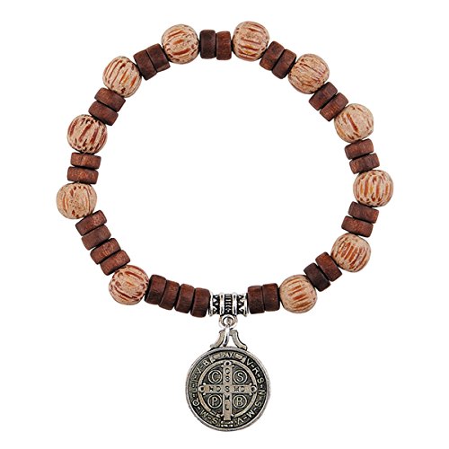 Wooden Stretch Rosary Bracelet with Silver Toned Saint Benedict Medal, 7 1/2 Inch