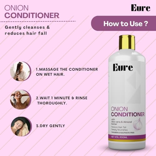 Image of Eure Onion Conditioner with Aloe-Vera & Almond Butter - Reduce Hair Fall, Optimal Hydration & Nourishment, Deep Cleansing, Scalp Health, Improved Texture, Reduce Dandruff, Natural and Herbal - 200ml